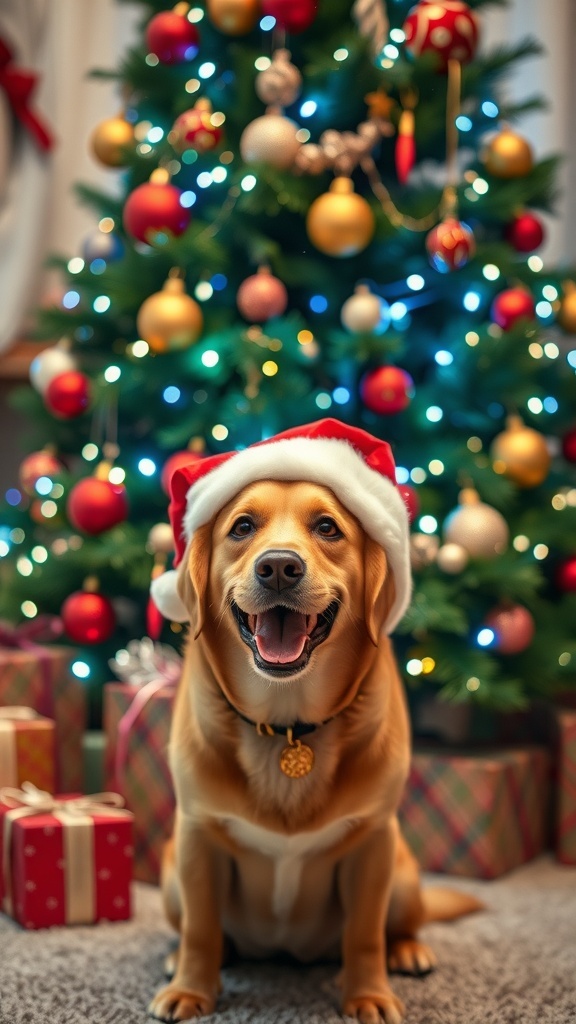 A cheerful dog in a Santa hat in front of a decorated Christmas tree with gifts.